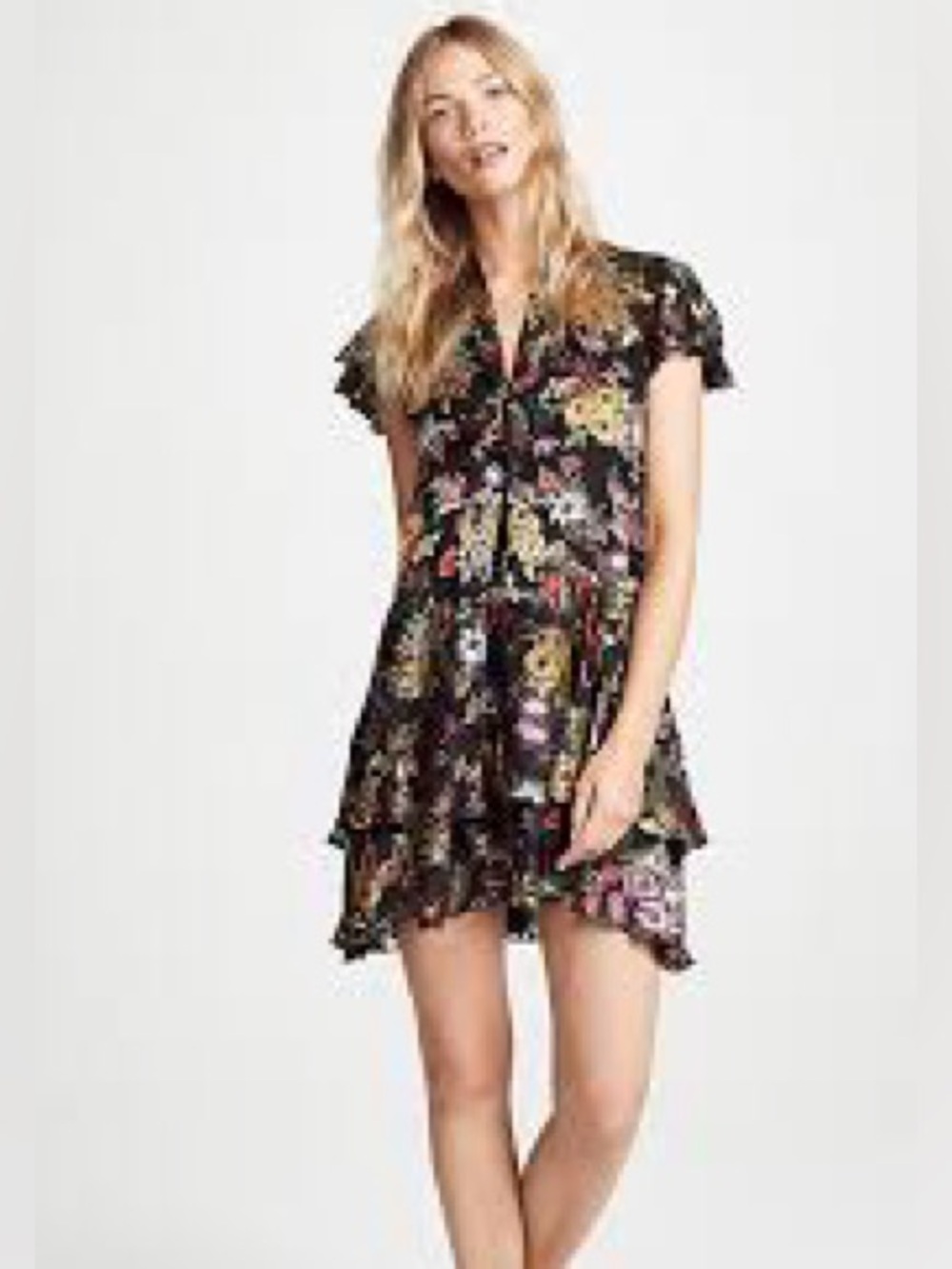 Alice + Olivia Black Floral Tiered Ruffle Mini Dress